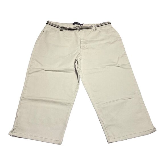 Gloria Vanderbilt Amanda Capri Jeans Womens 18 Ivory Cotton Stretch Belted Waist - Picture 1 of 8